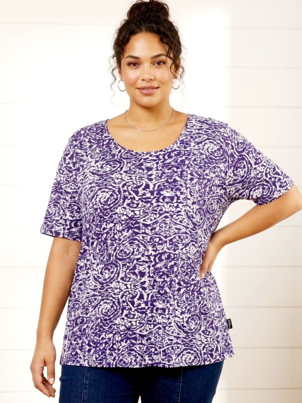 Ulla Popken Purple & White Abstract Swirl Cotton Scoop Neck Top Sz 20/22